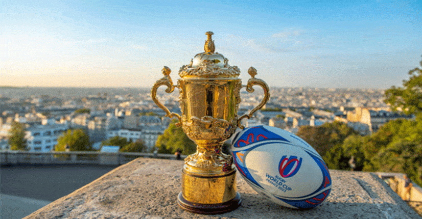 Ballon de rugby représentant la Coupe du Monde, symbole du sport et de l'excellence, à Saint-Denis.