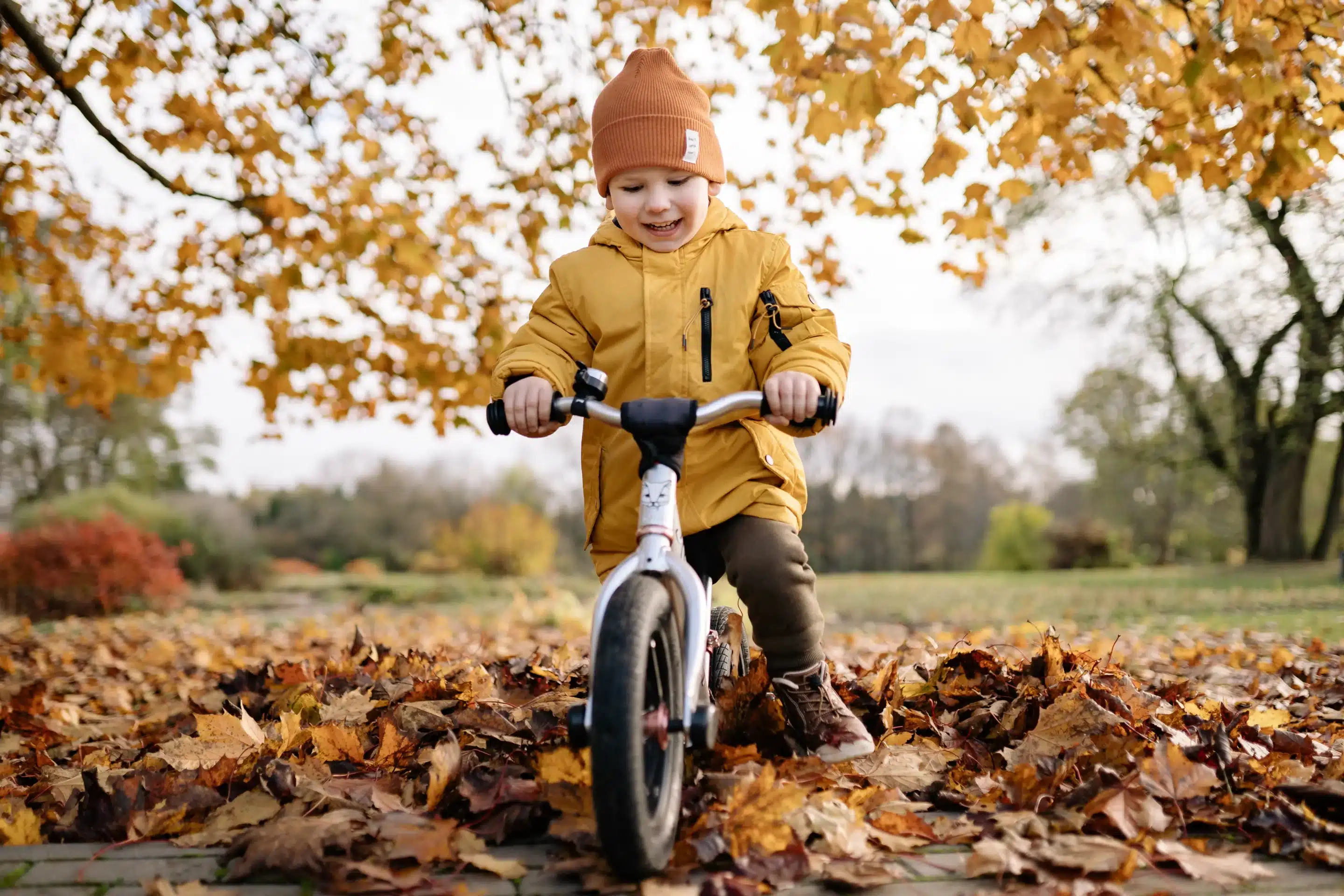 Our young adventurer bravely takes to the forest paths of the Eure, near Vernon, on his draisienne, amid the magnificent autumn colors. Every falling leaf is a new discovery, every sound in the forest an adventure in itself. A moment of pure, innocent exploration for our toddler.